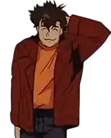 a man in a red jacket and orange shirt is smiling and holding his hand to his head .