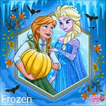 anna and elsa from frozen are holding a pumpkin in their hands .