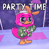 a pink duck wearing a hat and a jacket with the words party time below it