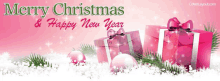 a merry christmas and happy new year facebook cover with pink gifts