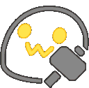 a pixel art drawing of a ghost with a yellow circle around it and a gray object .