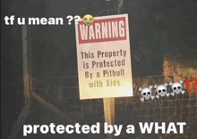 a warning sign that says this property is protected by a pit bull with aids