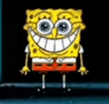 a cartoon of spongebob squarepants is smiling and standing in front of a black background .