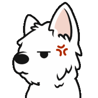 a cartoon drawing of a white dog with an angry expression on its face .