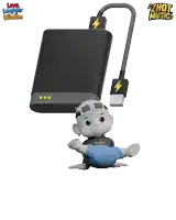 a cartoon character is being charged by a power bank with the words love laughter wisdom above it