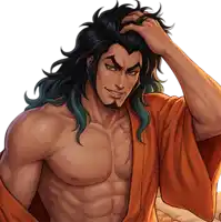 a drawing of a shirtless man with long black hair and a beard