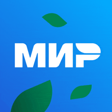 a blue background with green leaves and the word мир on it