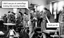 a black and white photo of a group of soldiers standing around tables