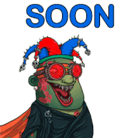 a cartoon character wearing a jester hat and goggles with the word soon behind him