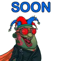 a cartoon character wearing a jester hat and goggles with the word soon behind him