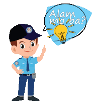 a cartoon of a police officer pointing at a light bulb with a speech bubble that says alam mo ba