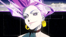 a woman with purple hair and yellow hoop earrings