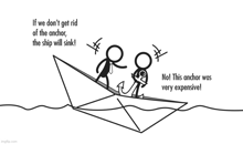 two stick figures are standing on a paper boat in the ocean .