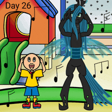 a cartoon drawing of a boy and a pony with day 26 written on the top