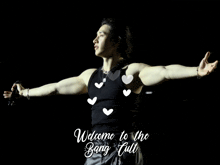 a man with his arms outstretched and the words welcome to the bang cult above him