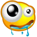 a yellow smiley face with big eyes and tears coming out of it 's mouth .