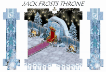 a poster for jack frosts throne with a throne in the middle of a snowy area