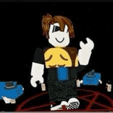 a roblox character is standing in front of a pentagram and giving a thumbs up .