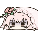 a cartoon girl with a rose in her hair is laying down and making a funny face .