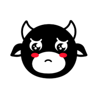 a black and white cartoon cow with a sad face and red cheeks .