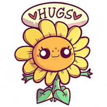 a cartoon illustration of a sunflower with a sign that says hugs .