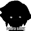 a black silhouette of a person with white eyes and the words scara smit written on it .