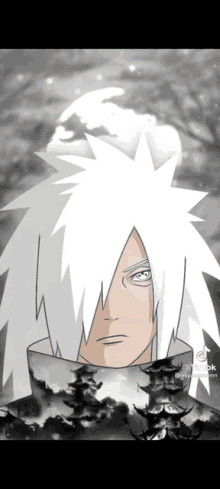 a black and white drawing of a naruto character with white hair .