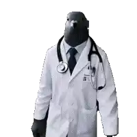 a man in a white coat with a pigeon head