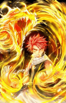 a drawing of a boy with red hair surrounded by flames with the letters strvin on the bottom