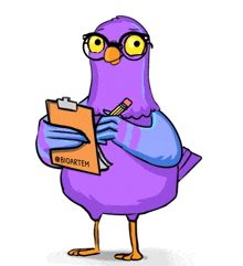 a purple bird with glasses is holding a clipboard and a pencil with bioartem written on it