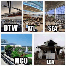 a collage of pictures with the words dtw atl sea mco and lga on them