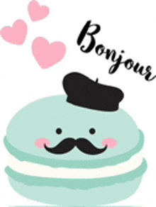 a macaron with a mustache and a beret is wearing a beret and hearts .