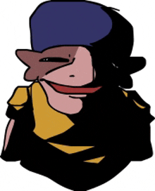 a cartoon of a man wearing a blue hat and a yellow shirt