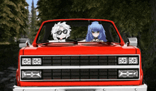 a couple of anime characters are sitting in a red truck with a license plate that says ' tc '