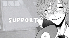 a black and white drawing of a man with the word support written below him