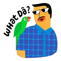 a man is holding a green parrot on his arm and says what da