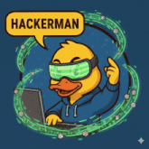 an illustration of a duck wearing goggles and using a laptop with the word hackerman above him