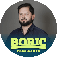 a man with a beard stands in front of a circle that says boric presidente