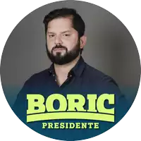 a man with a beard stands in front of a circle that says boric presidente