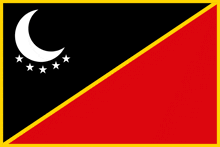 a black and red flag with a white crescent moon and stars on it