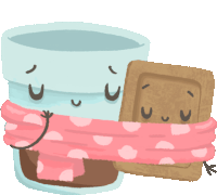 a cartoon drawing of a cup of coffee and a s'mores bar wrapped in a pink scarf