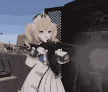 a girl in a white dress is holding a gun in her hand .