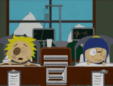 two cartoon characters are sitting at a table with a clipboard and a monitor behind them