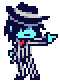 a pixel art of a person in a suit and hat .