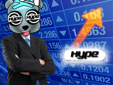 a man in a suit and tie stands in front of a stock chart that says hype