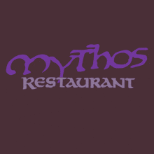 mythos restaurant an otherworldly experience is written in purple