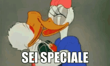 a cartoon of donald duck kissing daisy duck with the words sei speciale in white letters