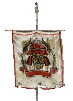 a banner with a skull wearing a helmet and chains on it .