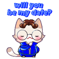 a cartoon cat is holding a rose and saying " will you be my date ? "