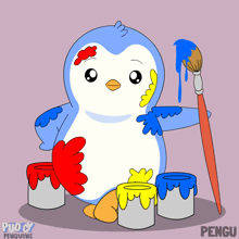 a cartoon of a penguin with a brush and paint cans that says puddy penguins on the bottom